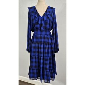 Lauren Ralph Lauren Women's Blue Buffalo Check Belted Georgette Dress Size 6